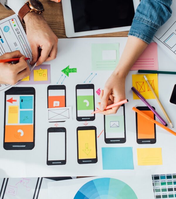 Top view of designers creative app interface for user experience design near layouts and digital Top view of designers creative app interface for user experience design near layouts and digital